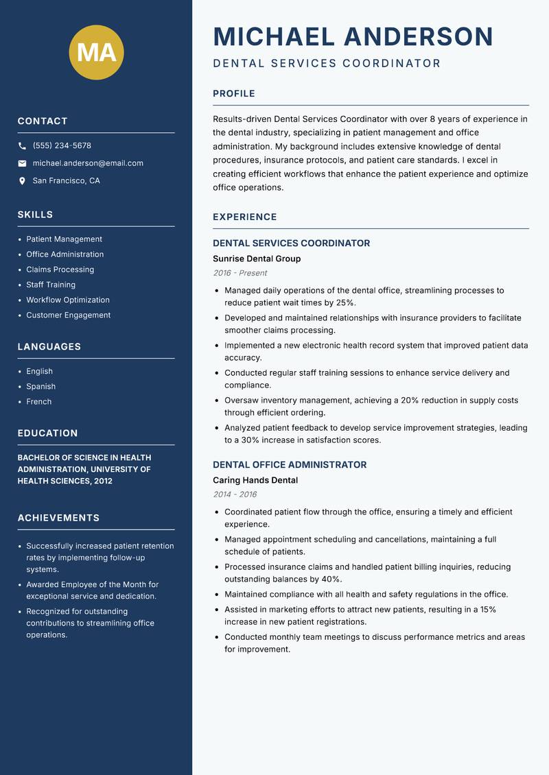 Dental Services Coordinator Resume Preview Example