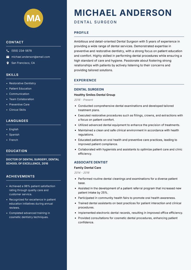 Dental Surgeon Resume Preview Example