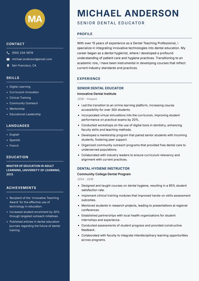 Dental Teaching Professional Resume Preview Example