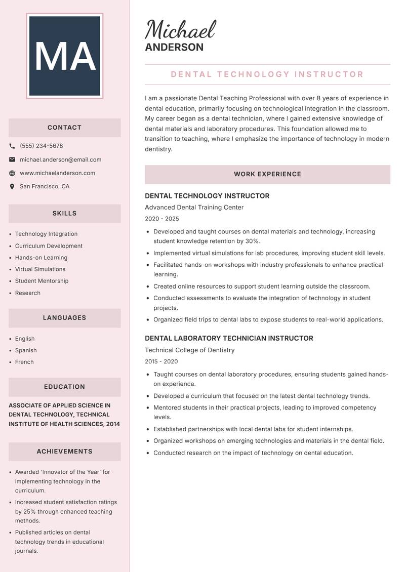 Dental Teaching Professional Resume Preview Example