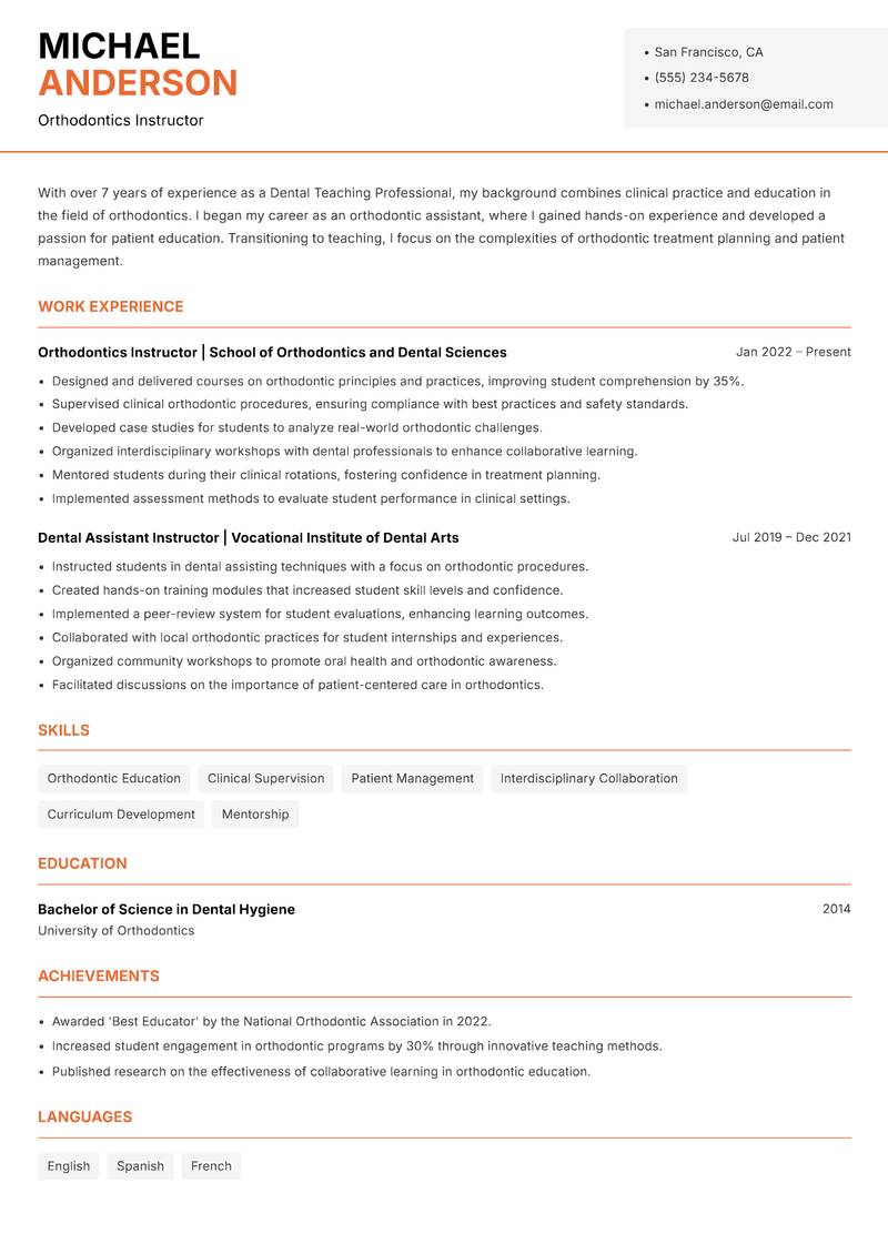 Dental Teaching Professional Resume Template
