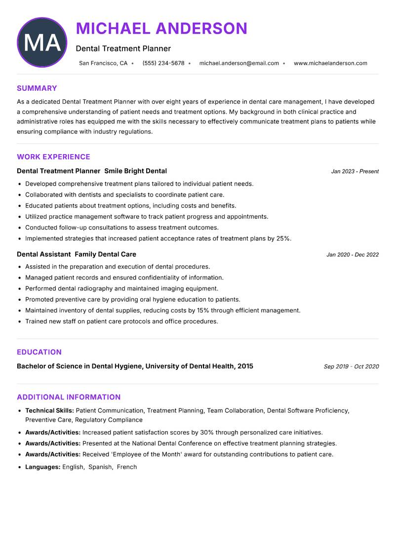 Dental Treatment Planner Resume Preview Example