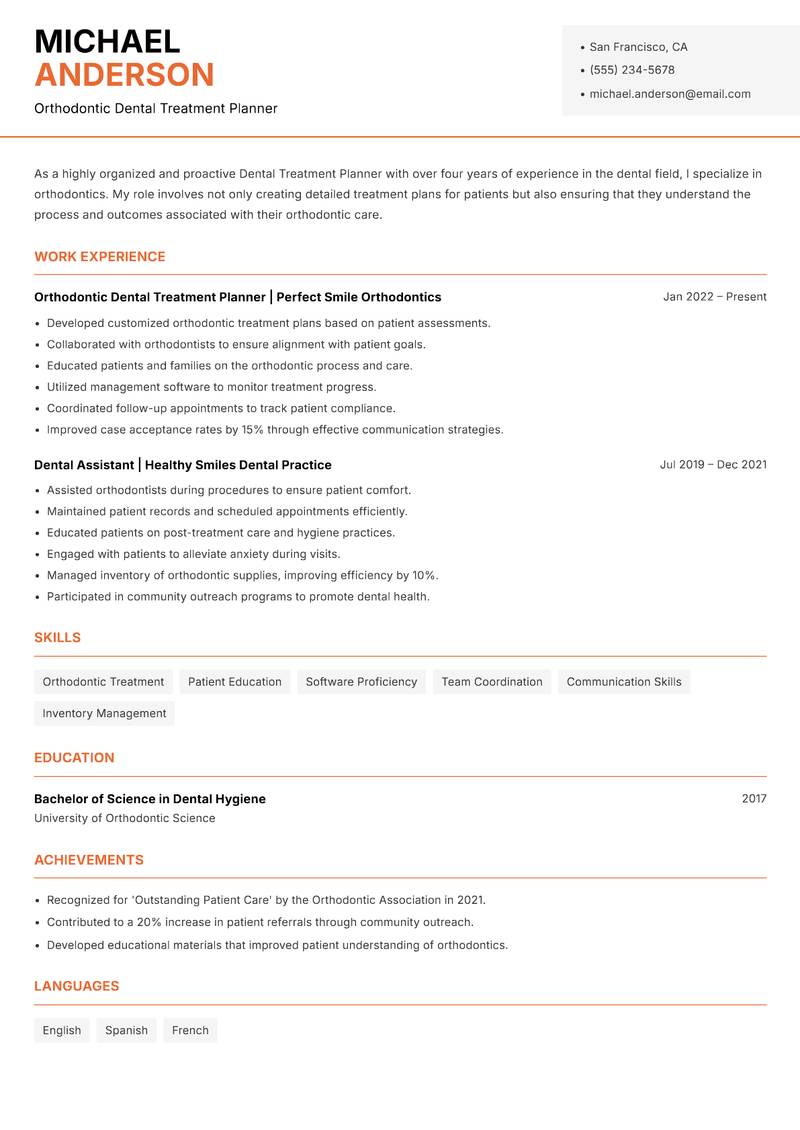 Dental Treatment Planner Resume Template