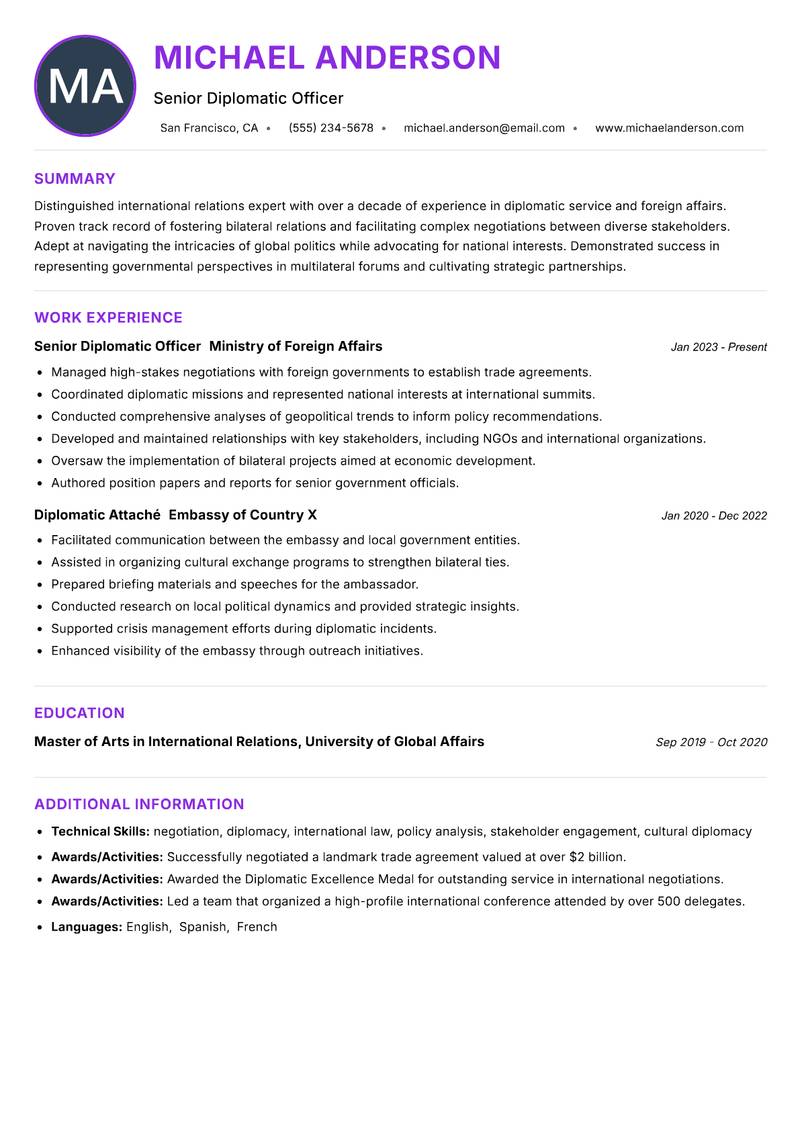 Deputy Consul Resume Preview Example