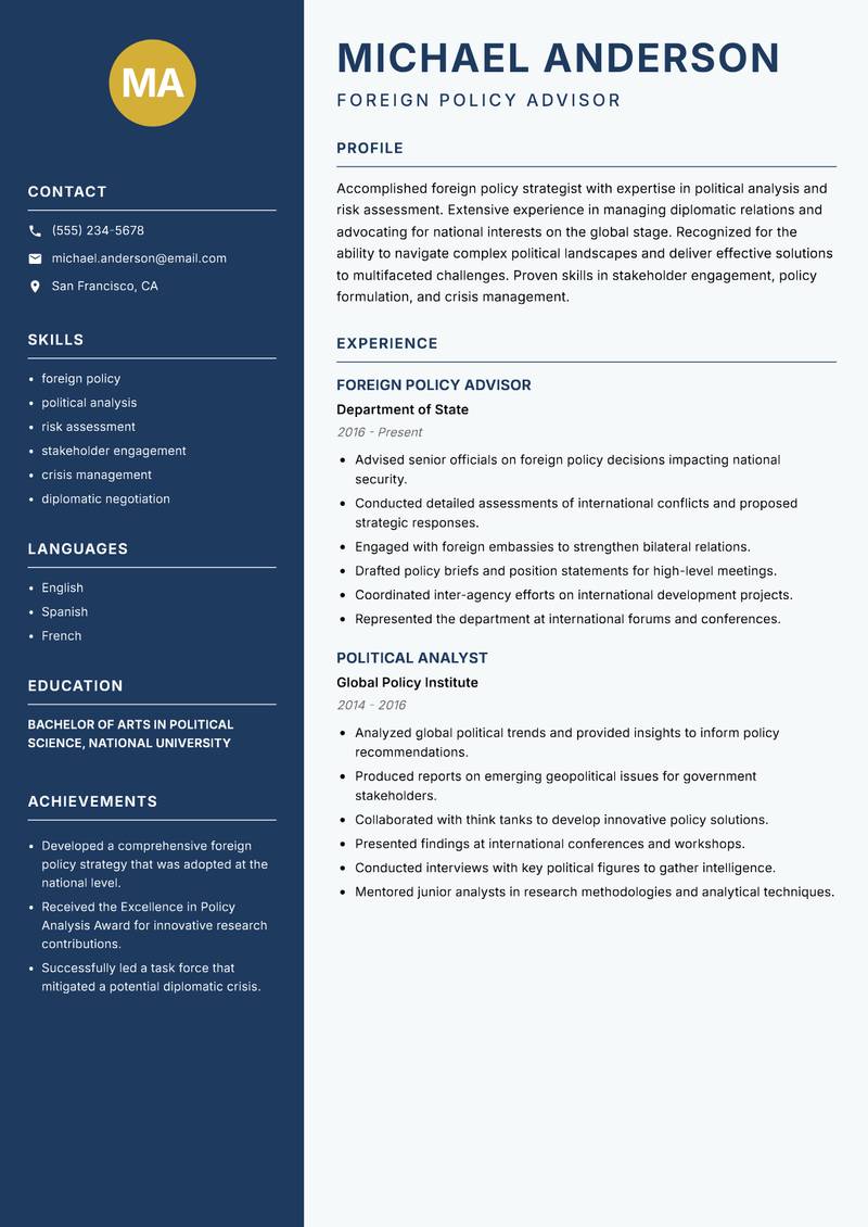 Deputy Consul Resume Preview Example