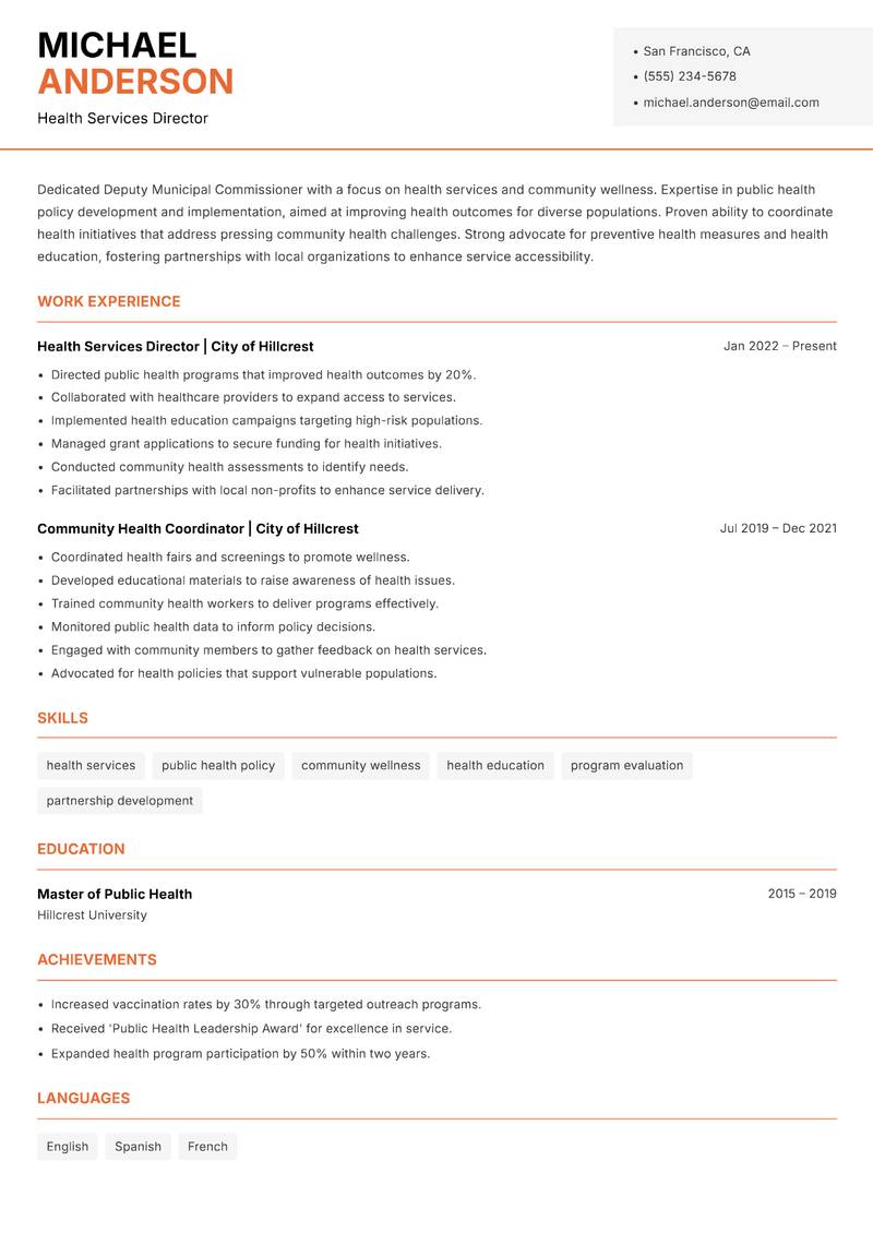 Deputy Municipal Commissioner Resume Template