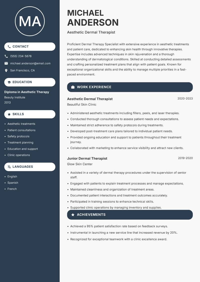 Dermal Therapy Specialist Resume Preview Example