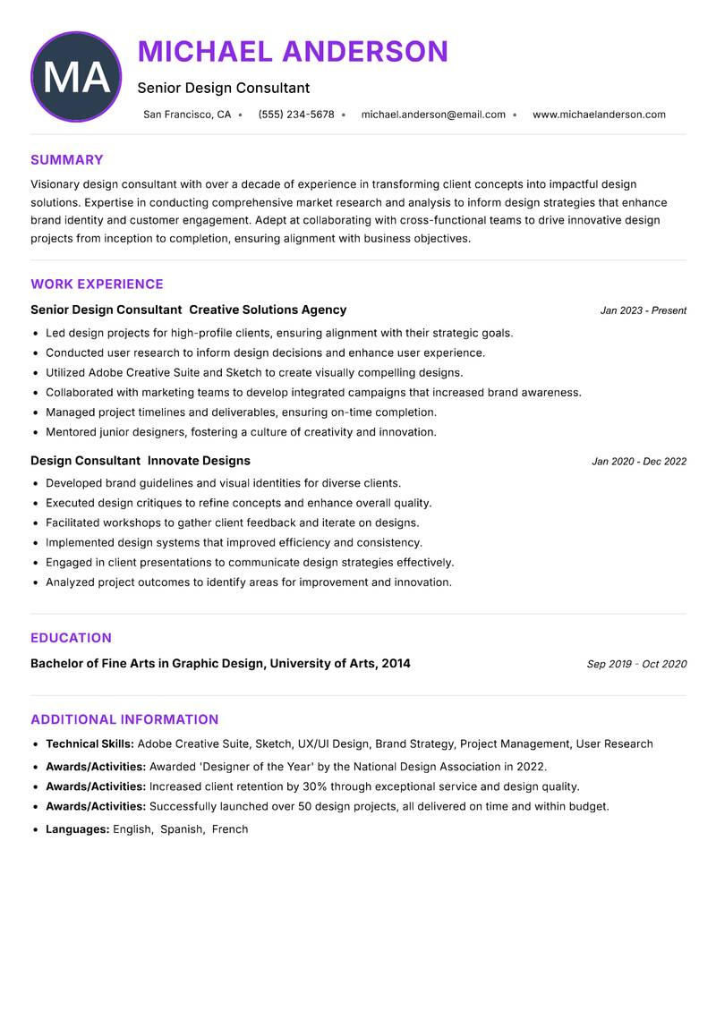 Design Consultant Resume Preview Example