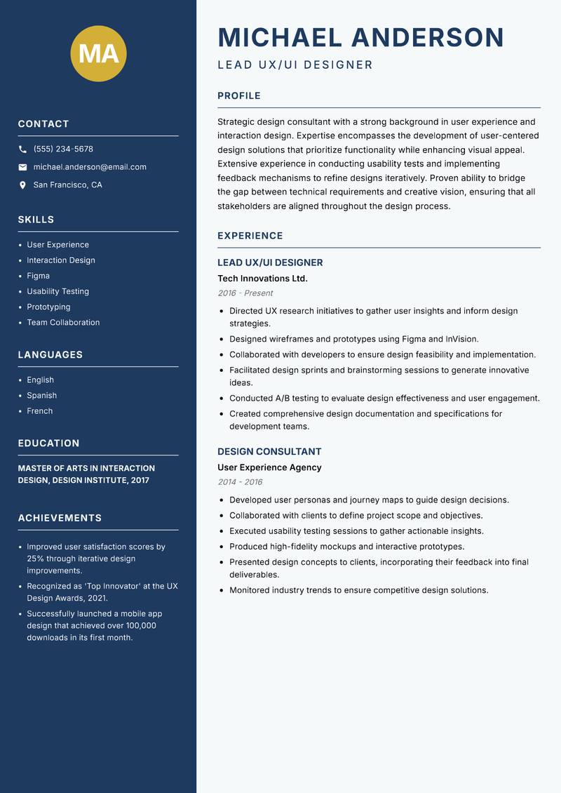 Design Consultant Resume Preview Example