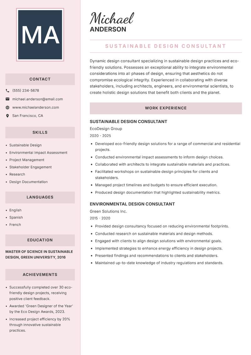 Design Consultant Resume Preview Example