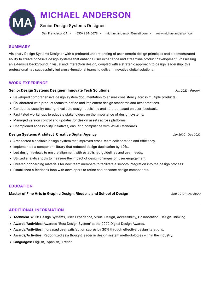 Design Systems Designer Resume Preview Example