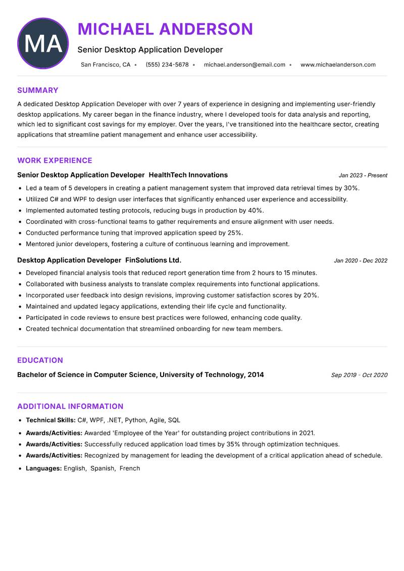 Desktop Application Developer Resume Preview Example
