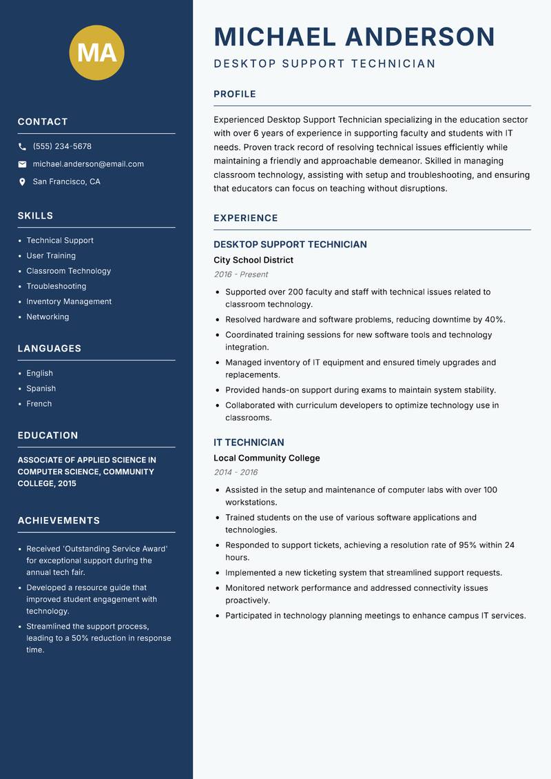 Desktop Support Technician Resume Preview Example