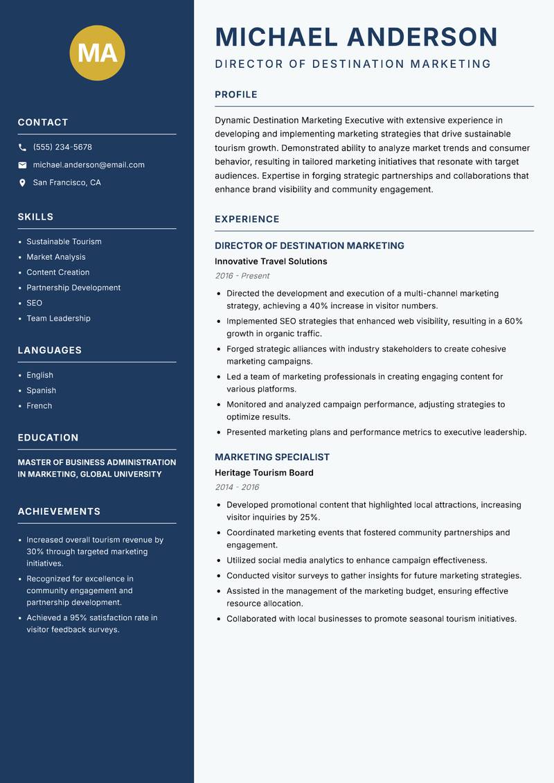 Destination Marketing Executive Resume Preview Example