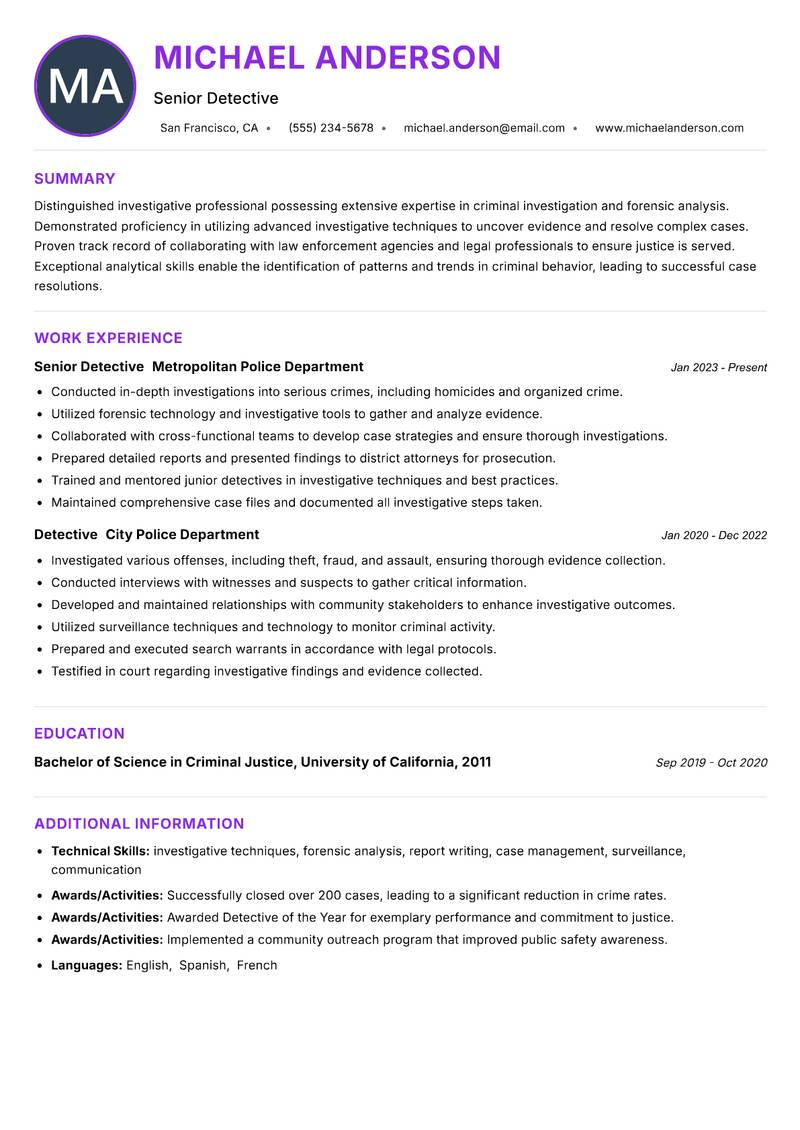 Detective Resume Preview Example