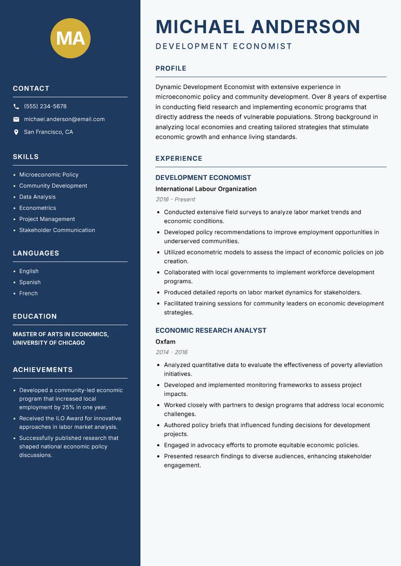 Development Economist Resume Preview Example