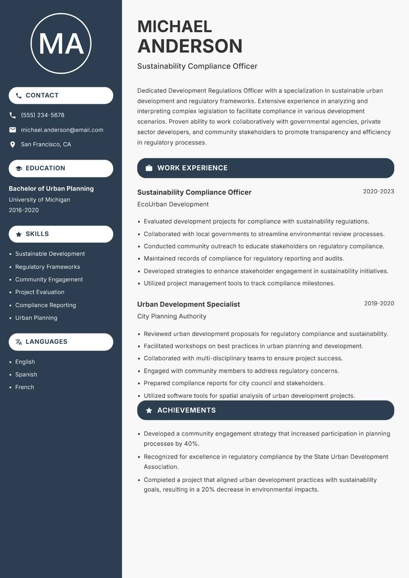 Development Regulations Officer Resume Preview Example