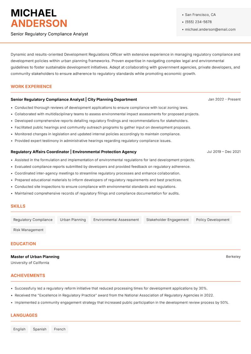 Development Regulations Officer Resume Template