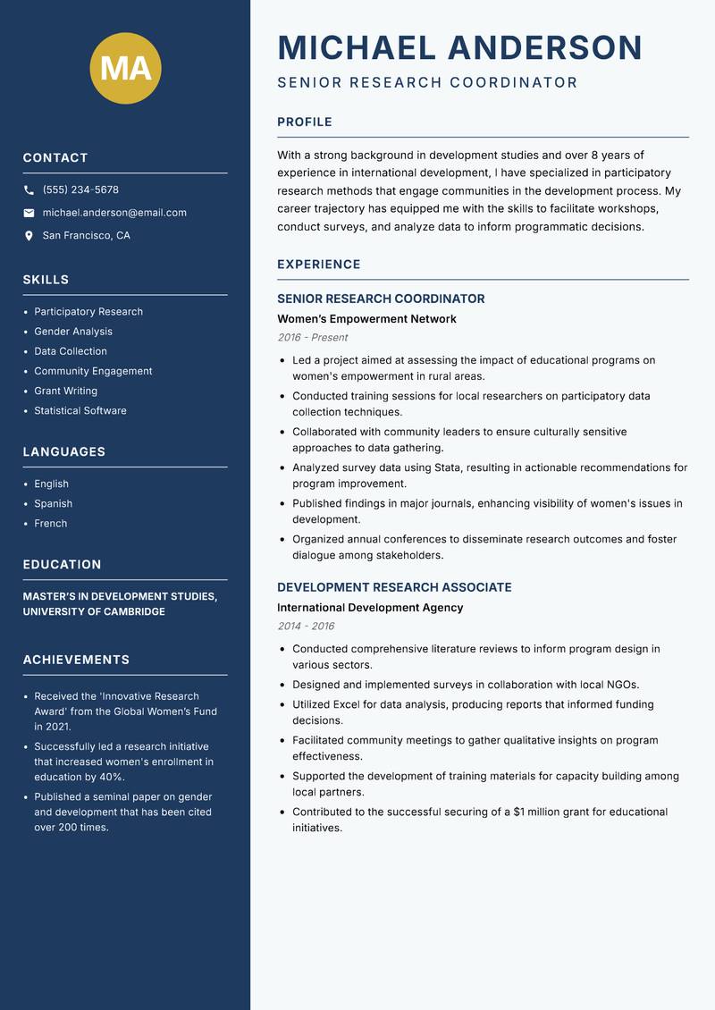 Development Studies Researcher Resume Preview Example