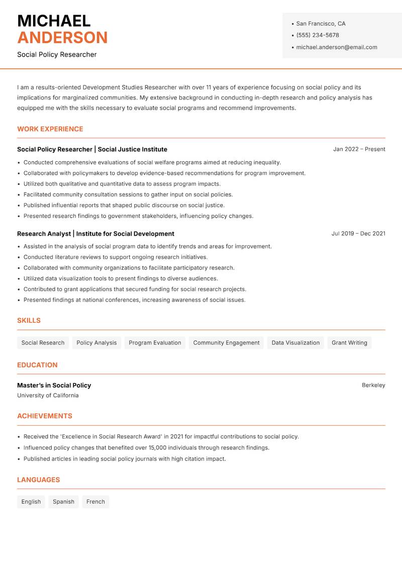 Development Studies Researcher Resume Template