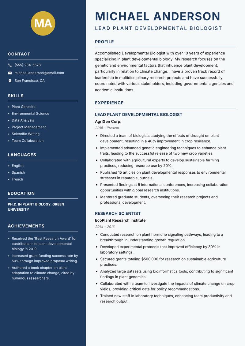 Developmental Biologist Resume Preview Example