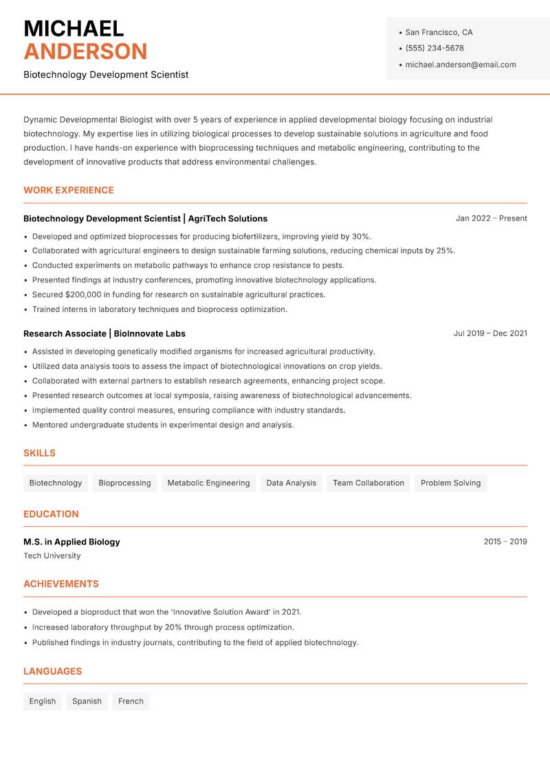 Developmental Biologist Resume Template