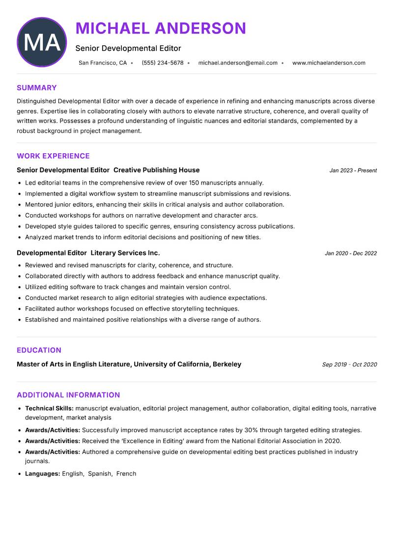 Developmental Editor Resume Preview Example