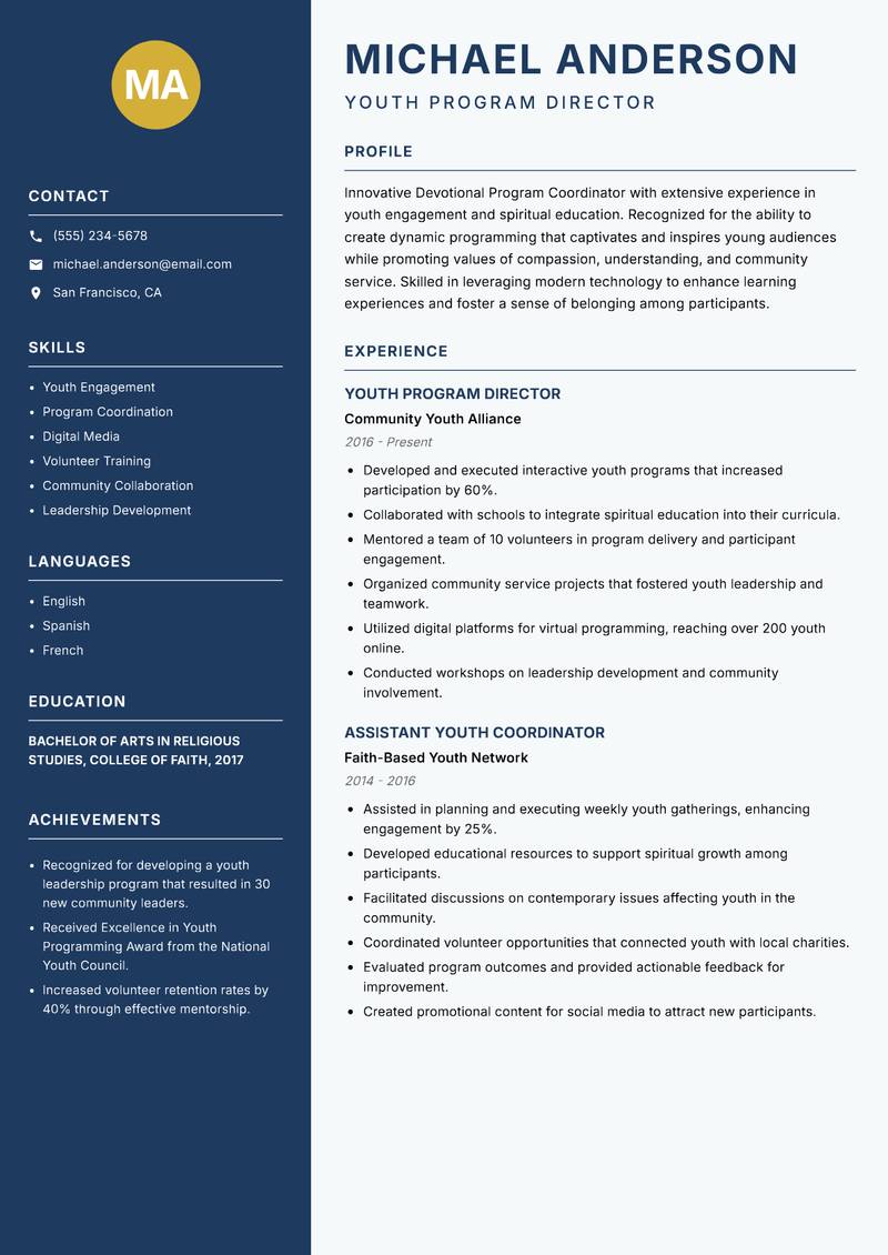 Devotional Program Coordinator Resume Preview Example