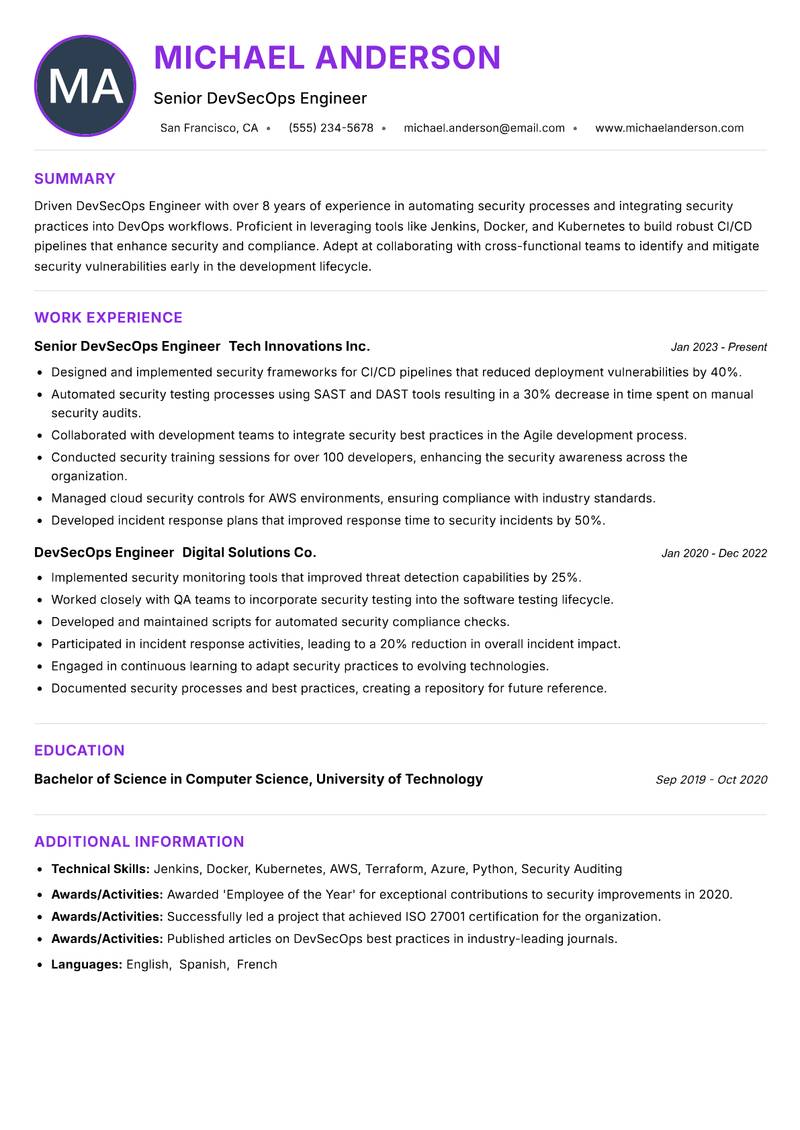 DevSecOps Engineer Resume Preview Example