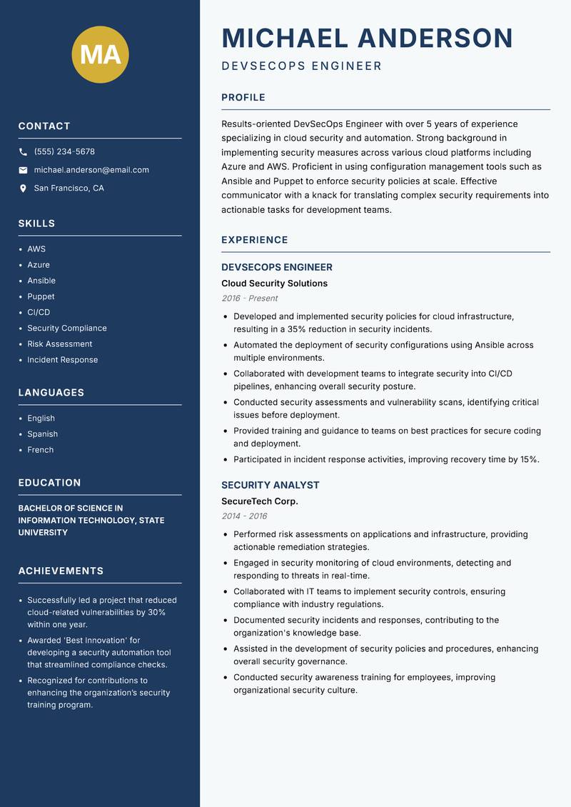 DevSecOps Engineer Resume Preview Example
