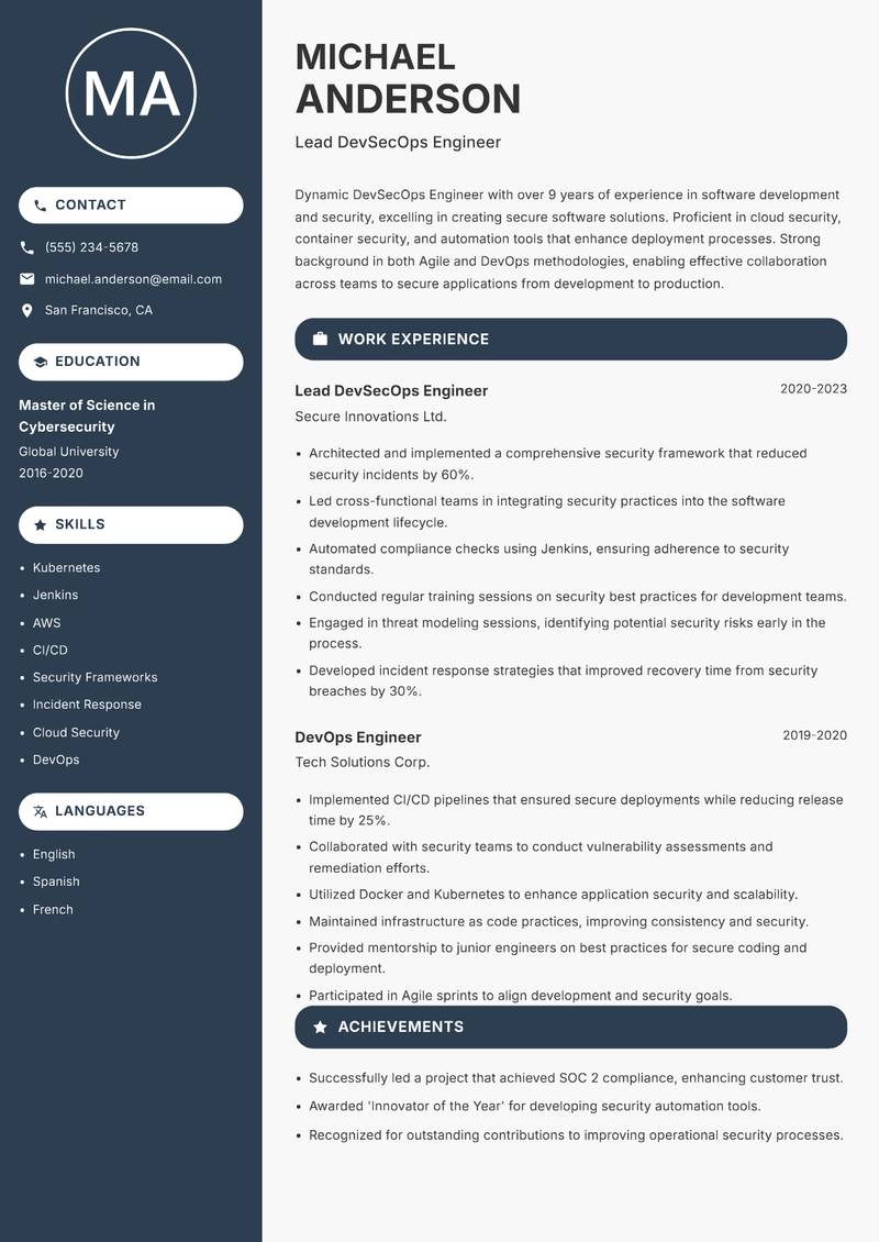 DevSecOps Engineer Resume Preview Example