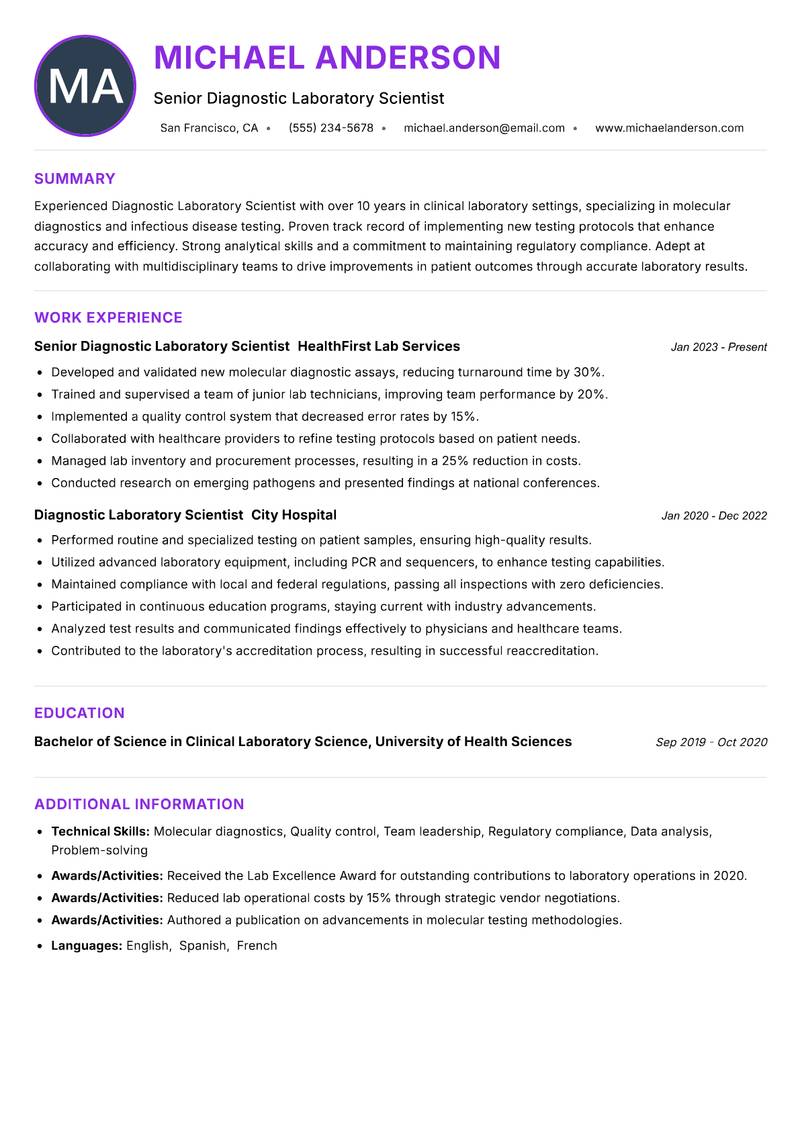 Diagnostic Laboratory Scientist Resume Preview Example