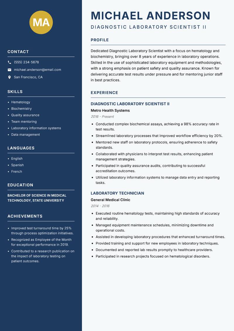 Diagnostic Laboratory Scientist Resume Preview Example