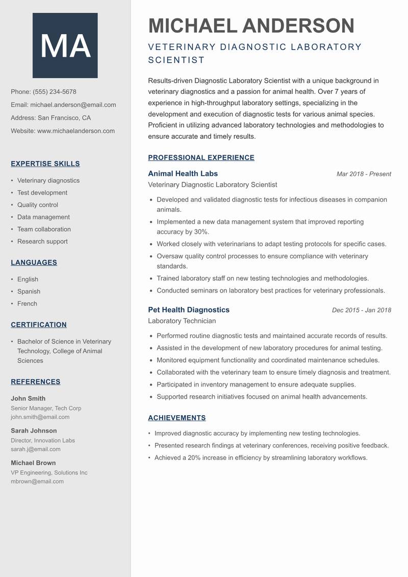 Diagnostic Laboratory Scientist Resume Preview Example