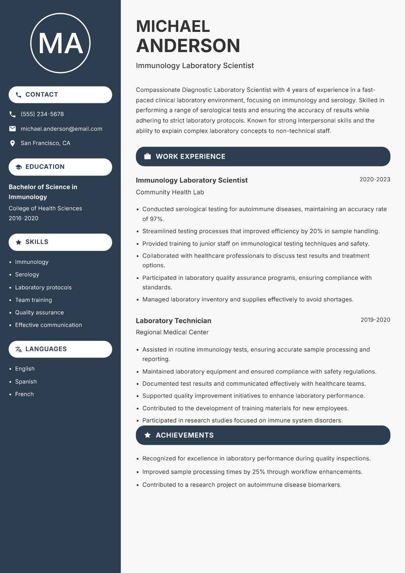 Diagnostic Laboratory Scientist Resume Preview Example
