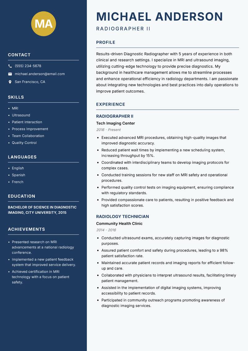 Diagnostic Radiographer Resume Preview Example