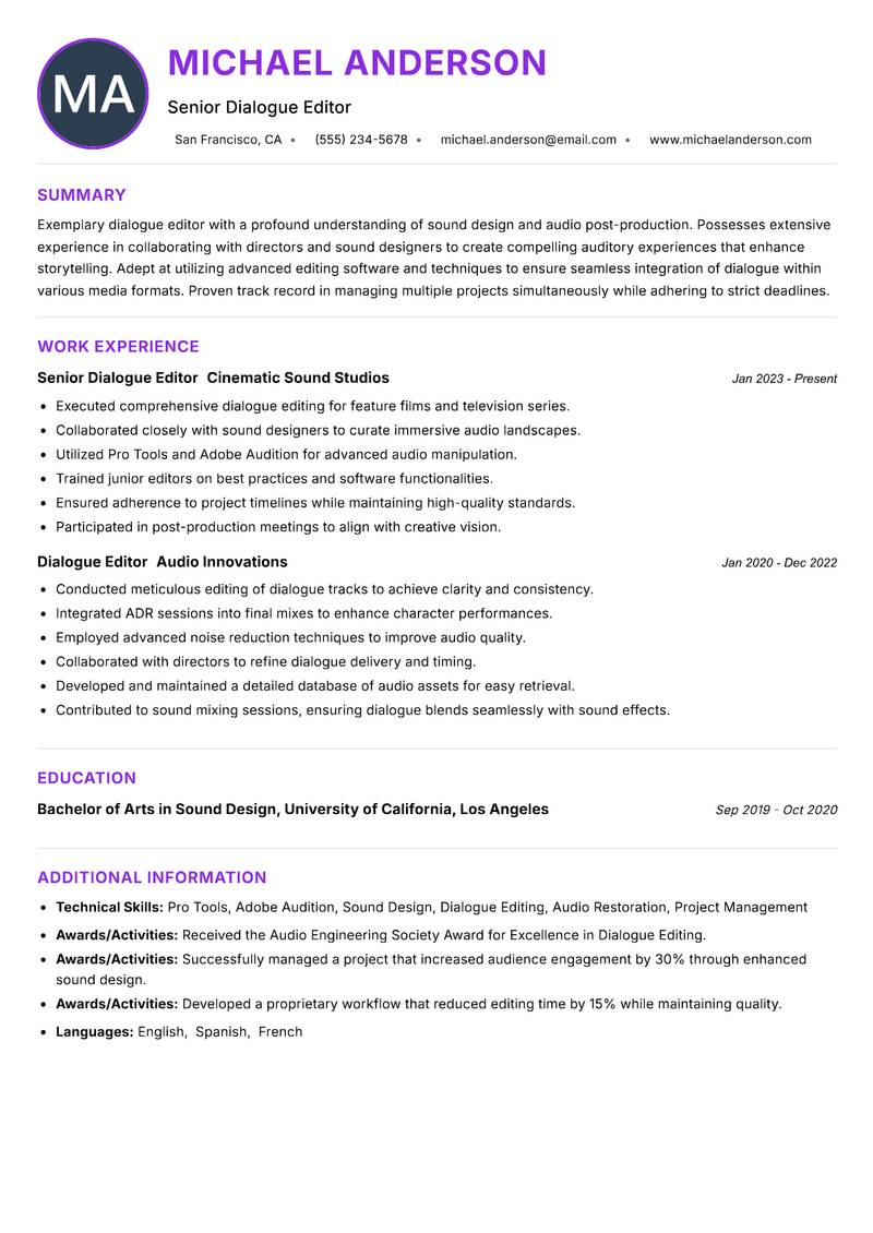 Dialogue Editor Resume Preview Example