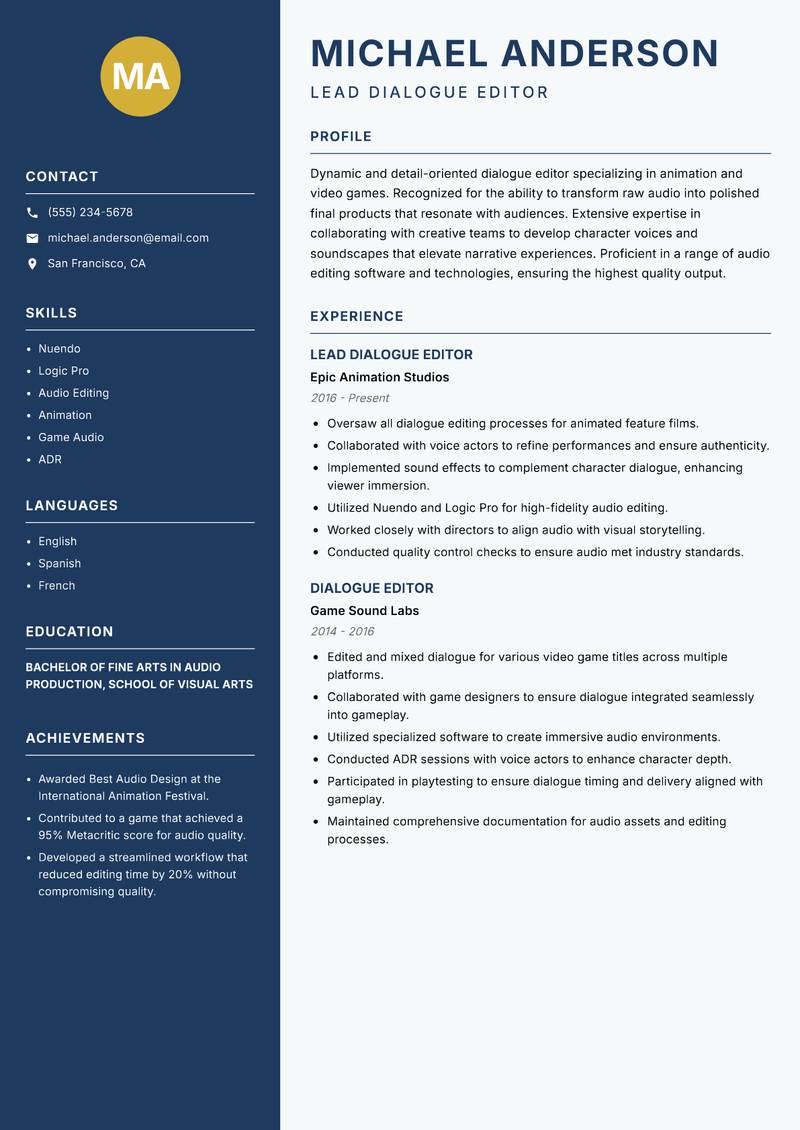 Dialogue Editor Resume Preview Example