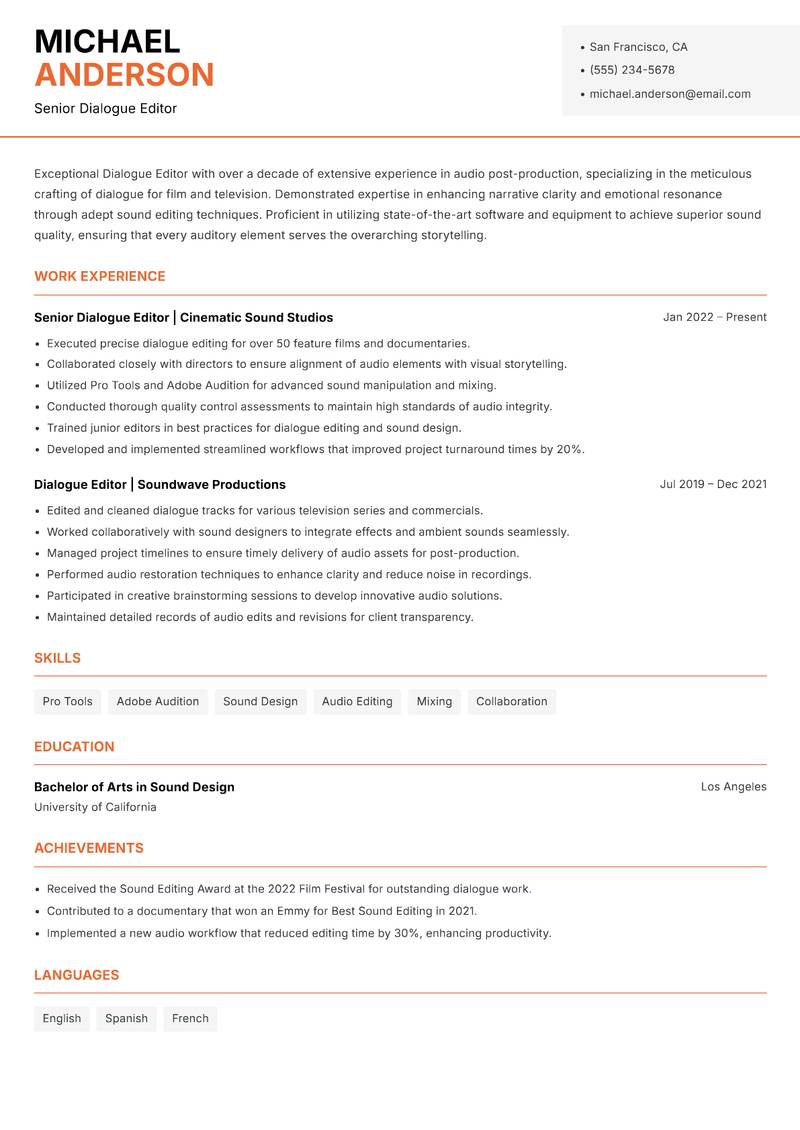 Dialogue Editor Resume Template