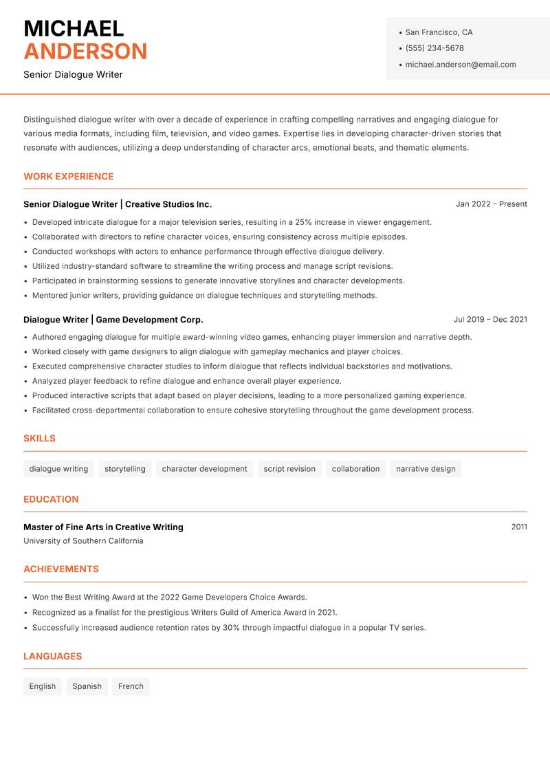 Dialogue Writer Resume Template