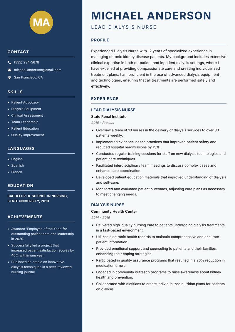 Dialysis Nurse Resume Preview Example