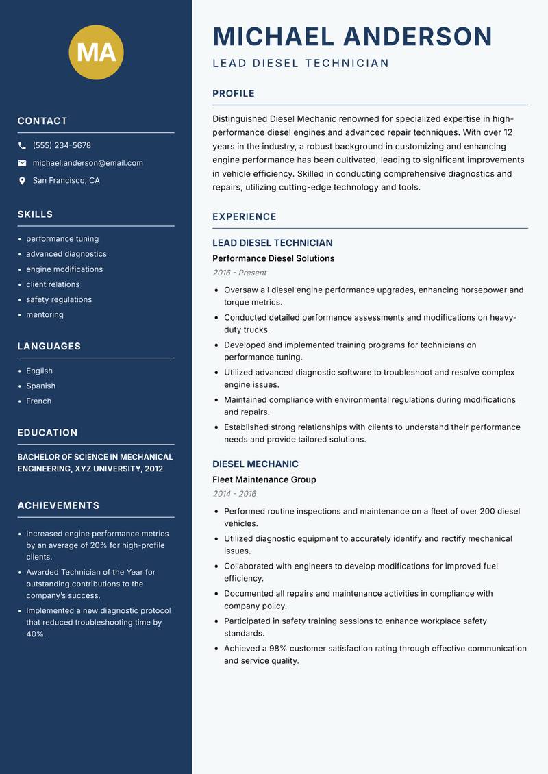 Diesel Mechanic Resume Preview Example