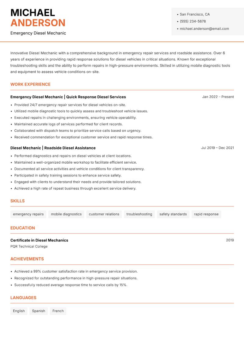 Diesel Mechanic Resume Template