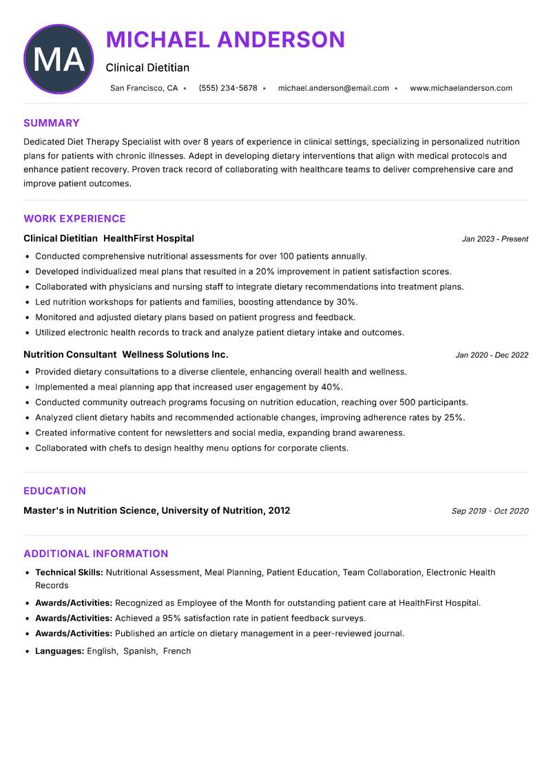 Diet Therapy Specialist Resume Preview Example