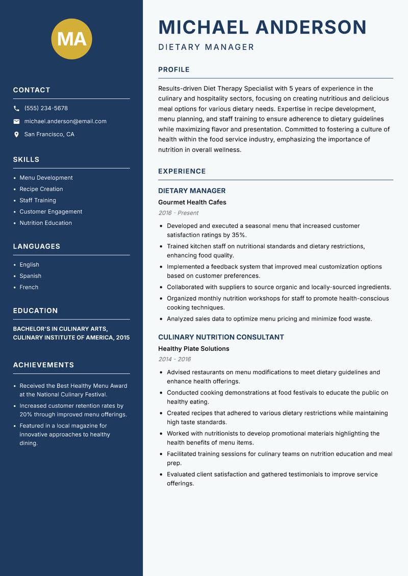 Diet Therapy Specialist Resume Preview Example