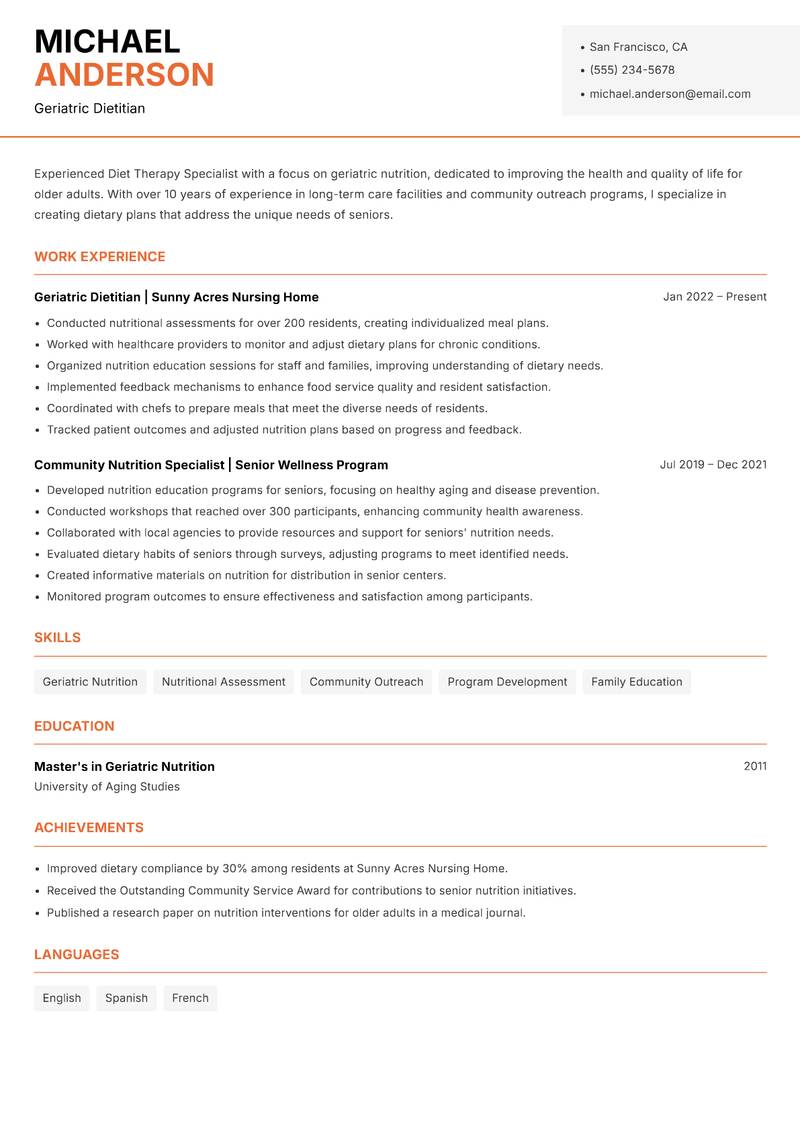 Diet Therapy Specialist Resume Template