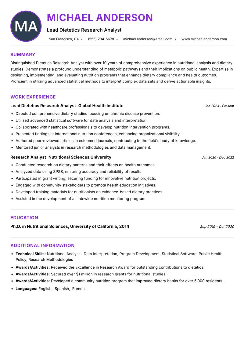 Dietetics Research Analyst Resume Preview Example