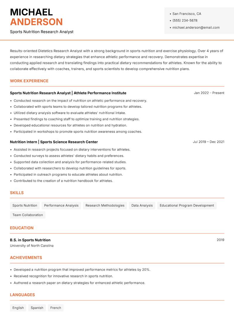 Dietetics Research Analyst Resume Template