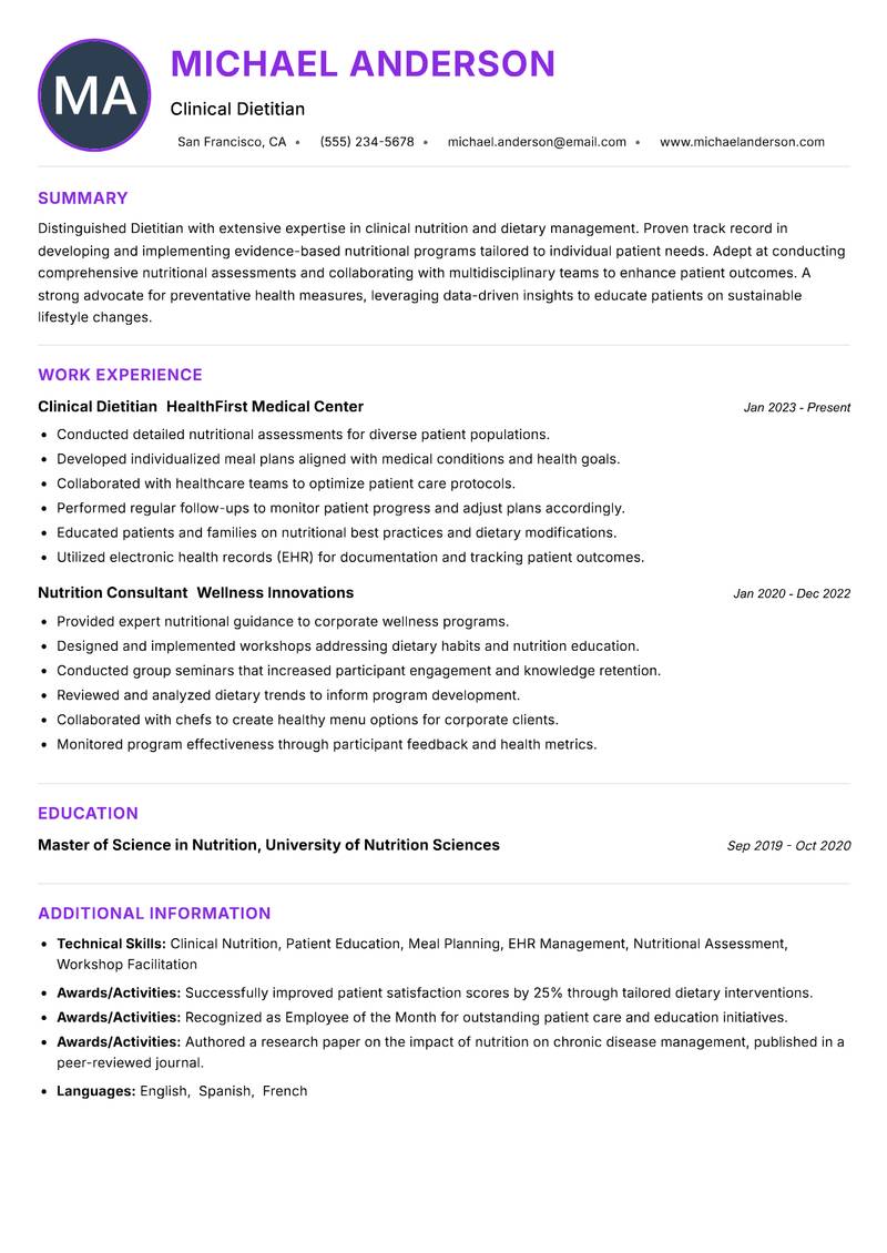 Dietitian Resume Preview Example