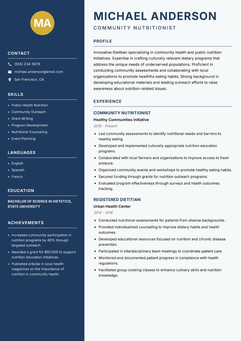 Dietitian Resume Preview Example